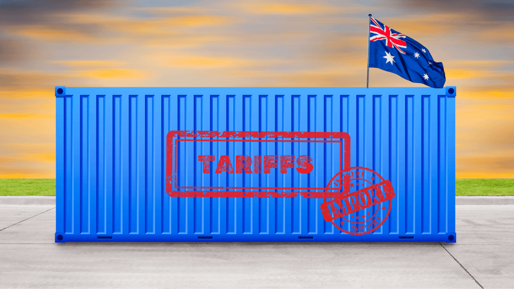 blue container with the stamp TARIFFS IMPORT on it