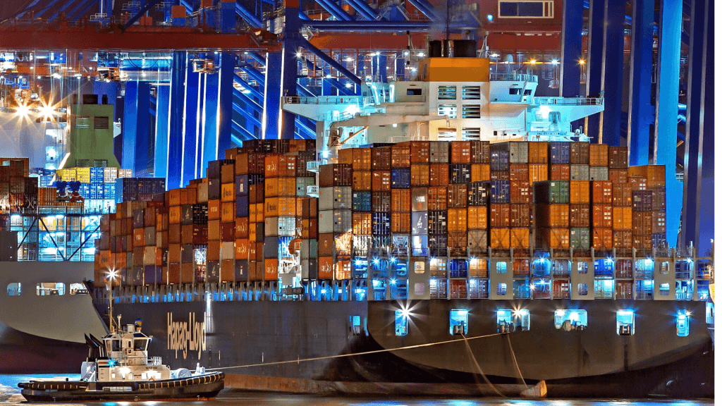 Hapag Lloyd container ship with a lot of containers on board