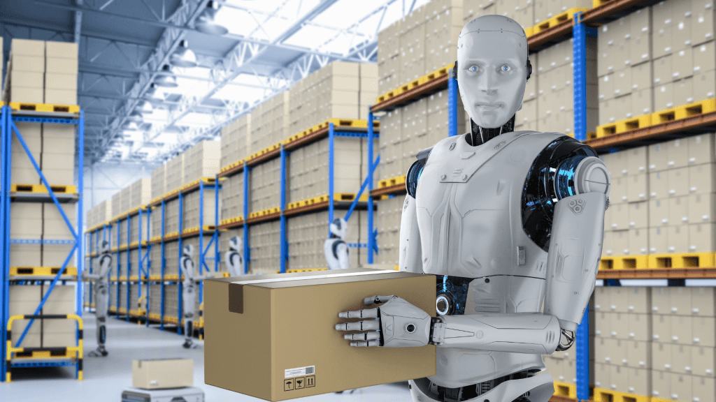 robot holding a box in the warehouse